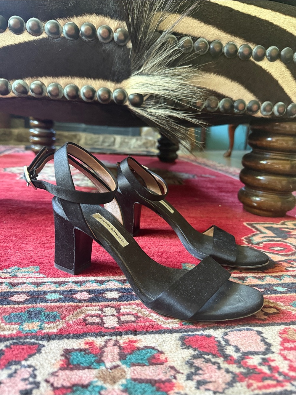 Tabitha Simmons Black Satin Block Heel Ankle Strap Sandals - Made In Italy (38.5